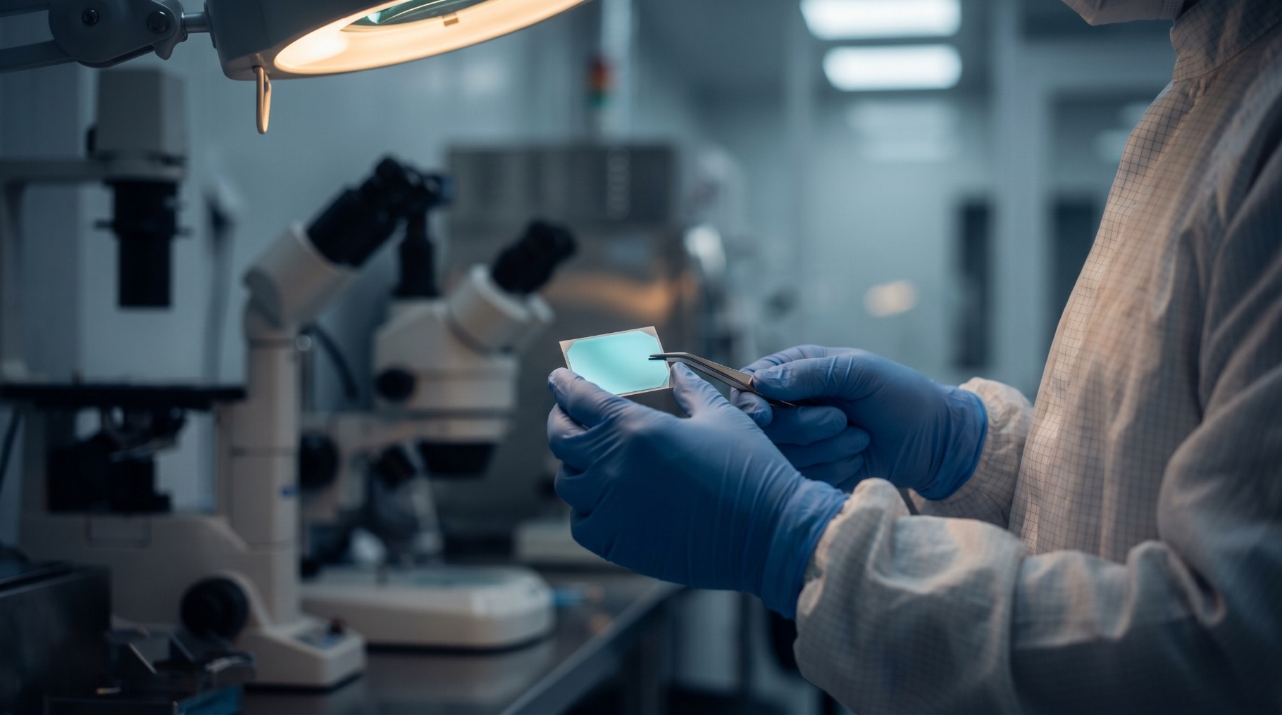 Technician inspecting piezoelectric crystals in cleanroom environment